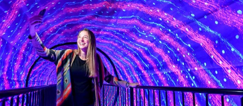 Illuminated entrance tunnel of the science park