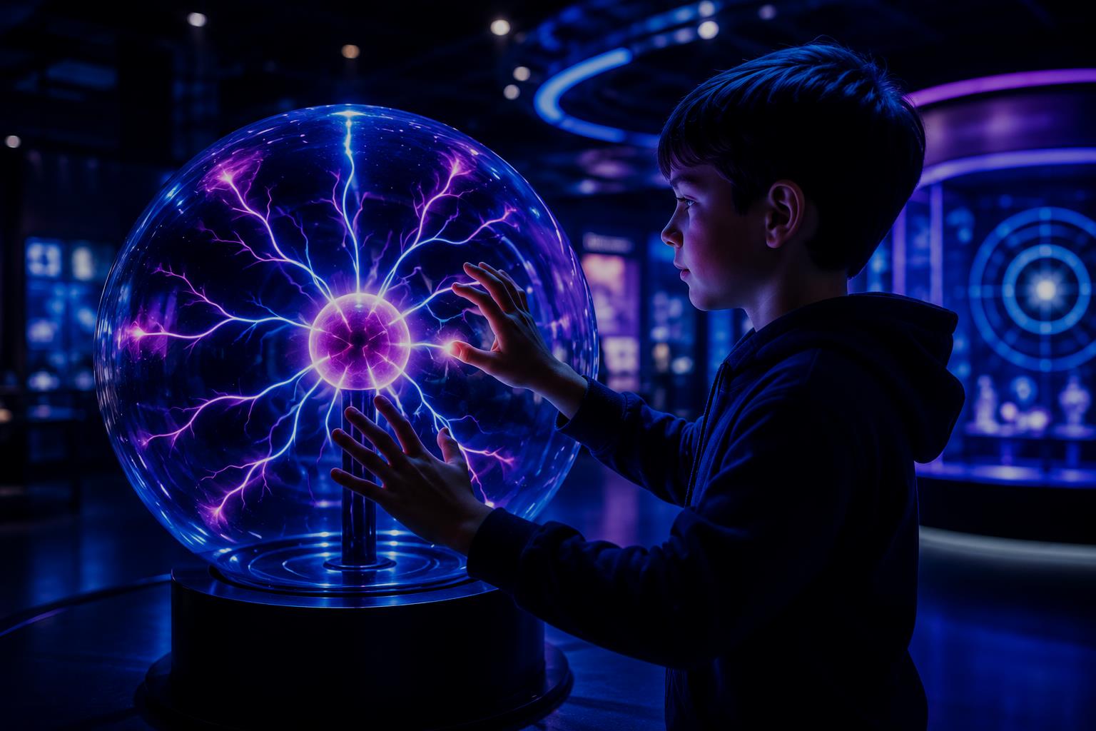 Child touching a plasma ball exhibit