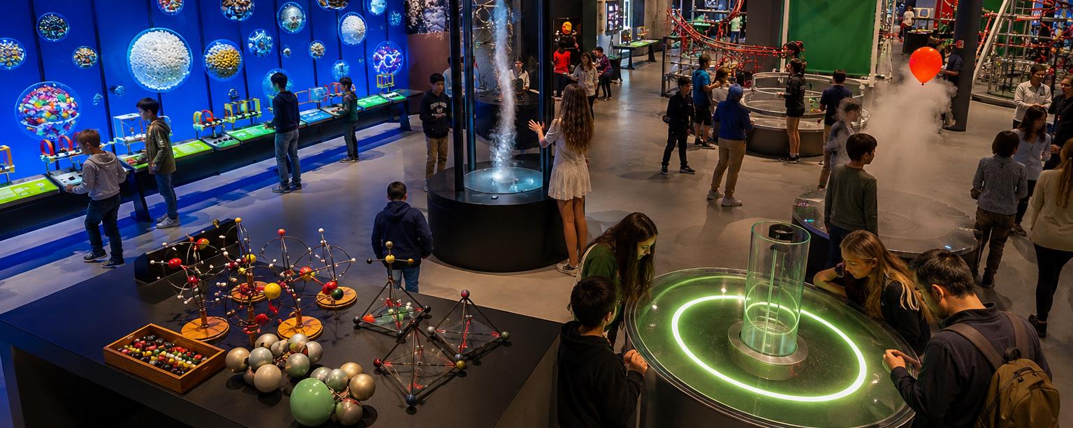 Interactive science park hall filled with exhibits and visitors